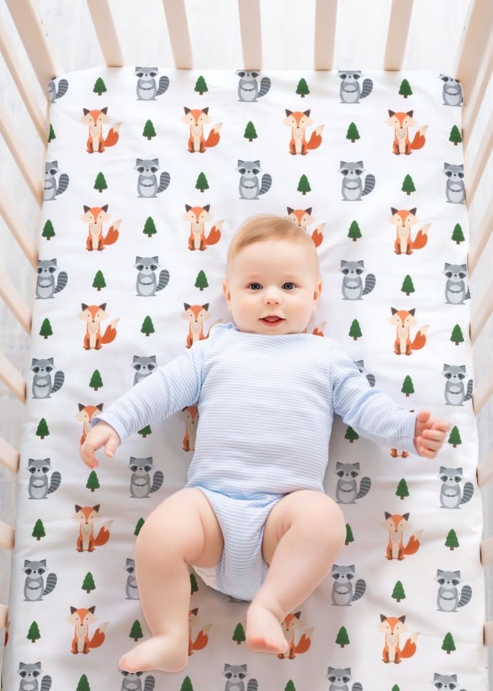 Juego de 4 sábanas ajustables unisex para cuna de bebé, diseño de animales del bosque del bosque, de madera, neutro, para bebés, niños o niñas, zorro