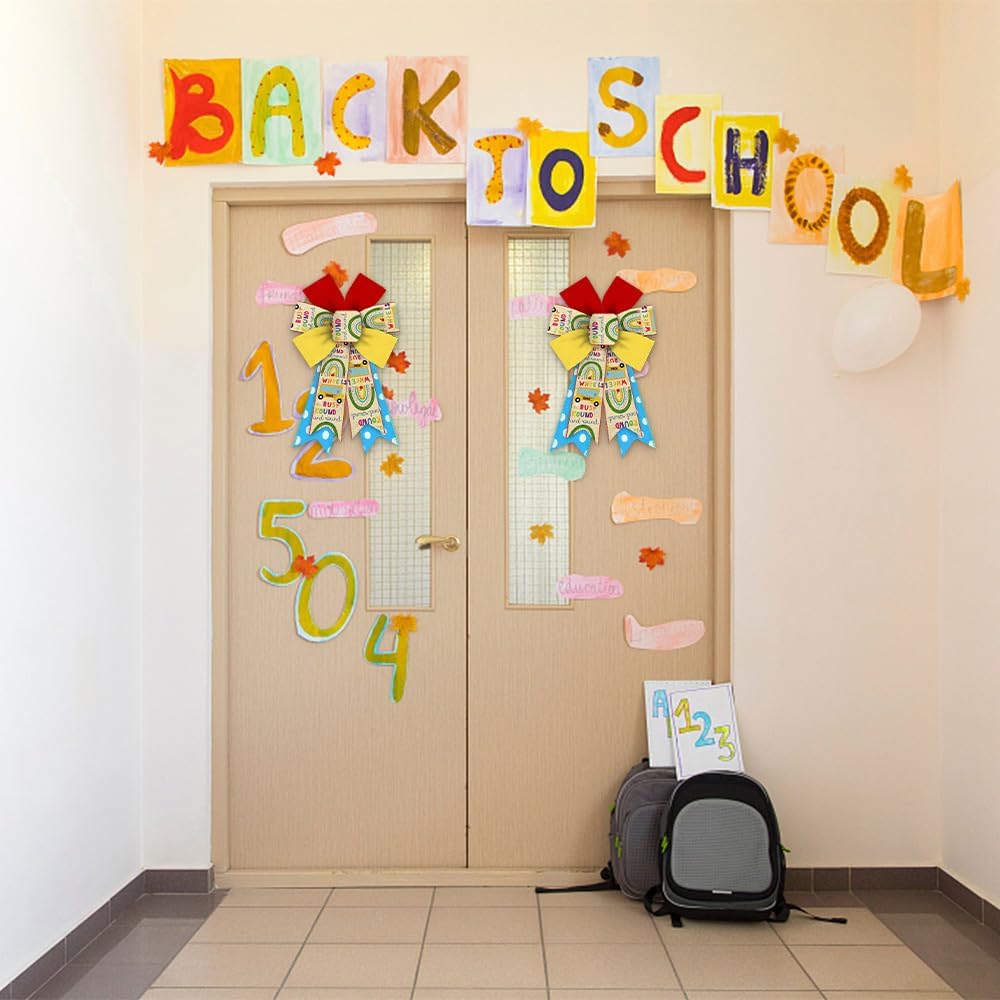 Alibbon 2 lazos de vuelta a la escuela para corona, lazos de corona escolares, lazos de corona de aula para puerta delantera, lazos de autobús
