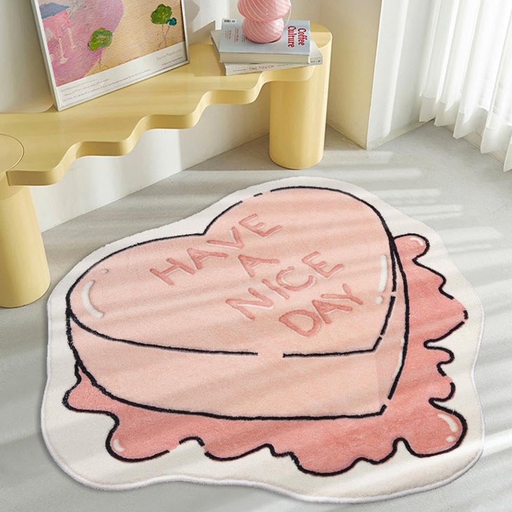 Alfombra de arte creativo irregular, alfombra de área estética irregular con forma de corazón rosa, alfombra en forma de pastel para sala de estar,