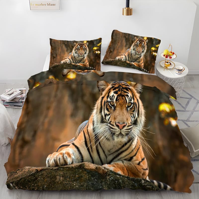 Khaki Animal King Duvet Cover Tiger Print King Bedding Set Soft Microfiber Comforter Cover and 2 Pillow Shams 20″X36″, Bed Set Duvet Covers with