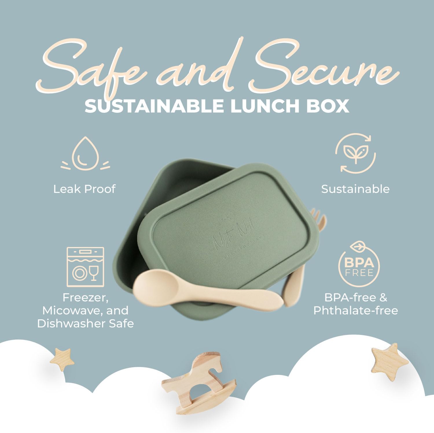 Nyte Nyte Baby Green Kids Bento Box – Lonchera 100% silicona de grado alimenticio para adultos y niños pequeños, con 3 compartimentos, apta para