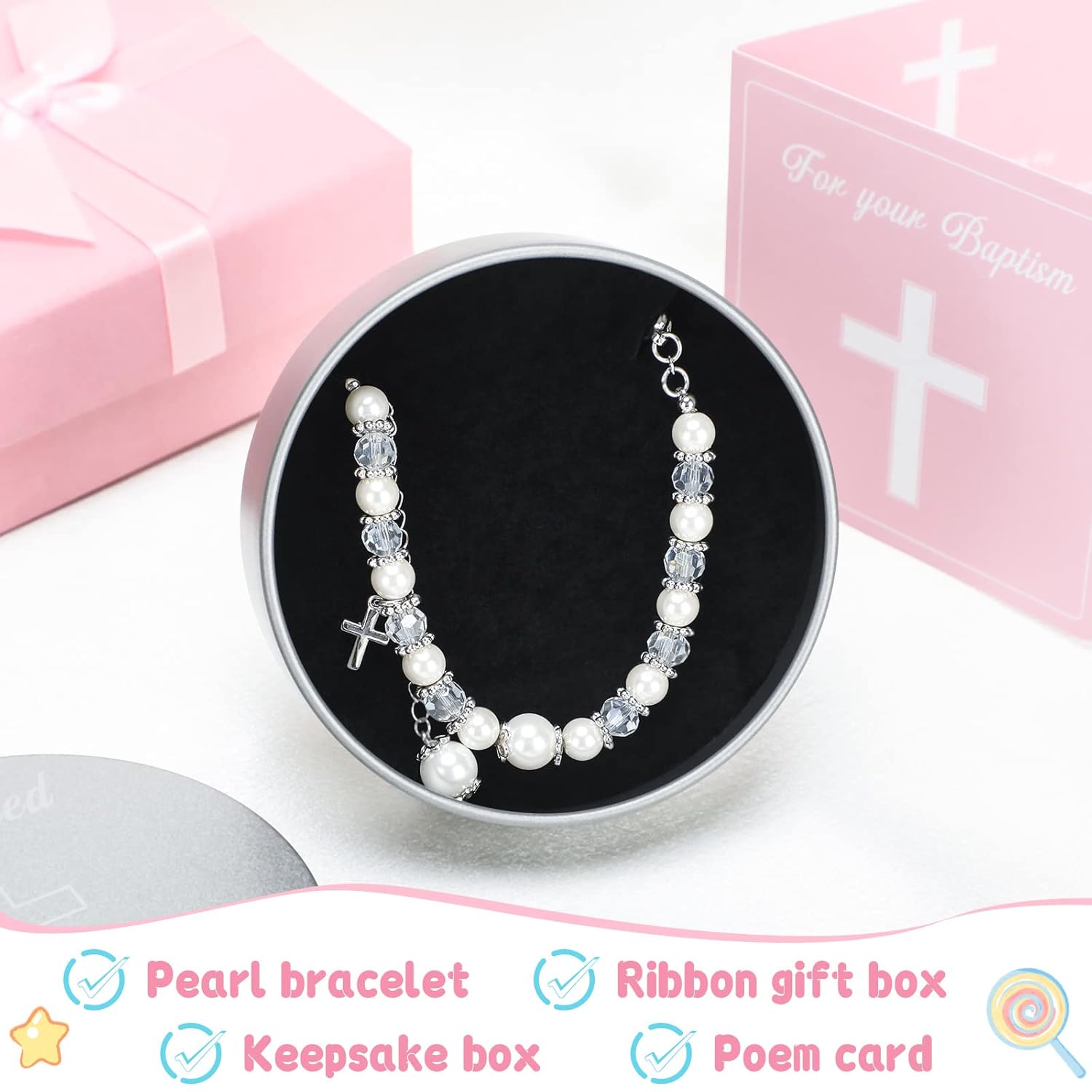 5 piezas de regalos de bautismo para niñas incluyen tarjeta de poesía de felpa de cordero de 8.5 pulgadas con caja de regalo, pulsera de bautismo