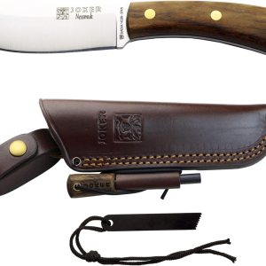 Joker Nessmuk CN136-P Cuchillo de caza, mango de nogal, hoja Sandvik 14C28N de 4.3 in con molienda plana, con funda de cuero marrón y pedernal, Joker Nessmuk CN136-P Cuchillo de caza, mango de nogal, hoja Sandvik 14C28N de 4.3 in con molienda plana, con funda de cuero marrón y pedernal,