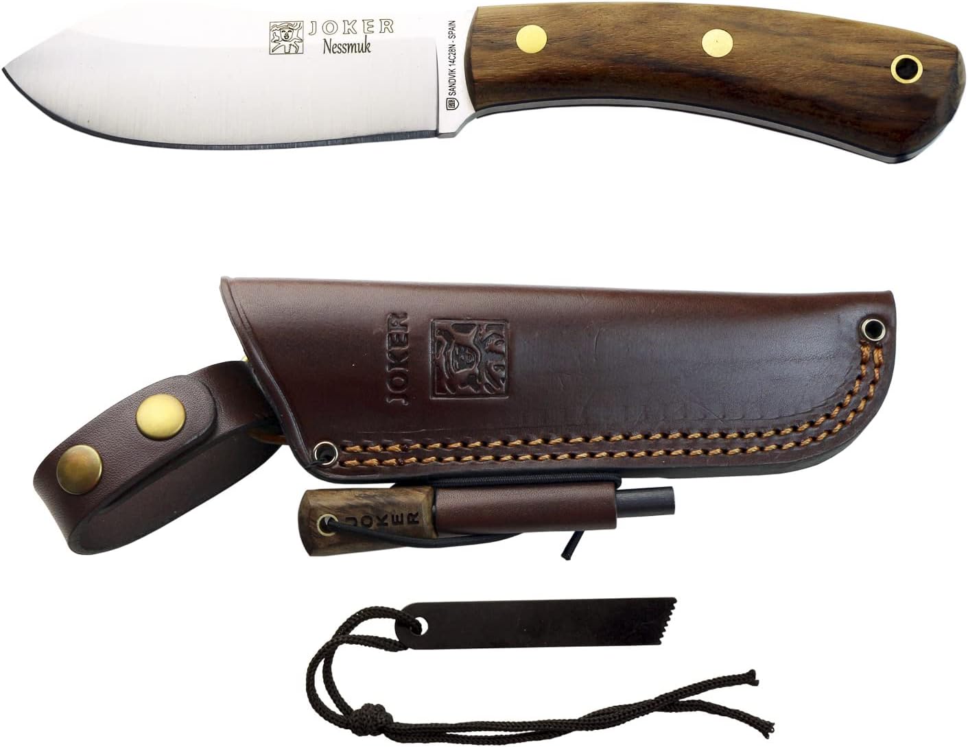 Joker Nessmuk CN136-P Cuchillo de caza, mango de nogal, hoja Sandvik 14C28N de 4.3 in con molienda plana, con funda de cuero marrón y pedernal,