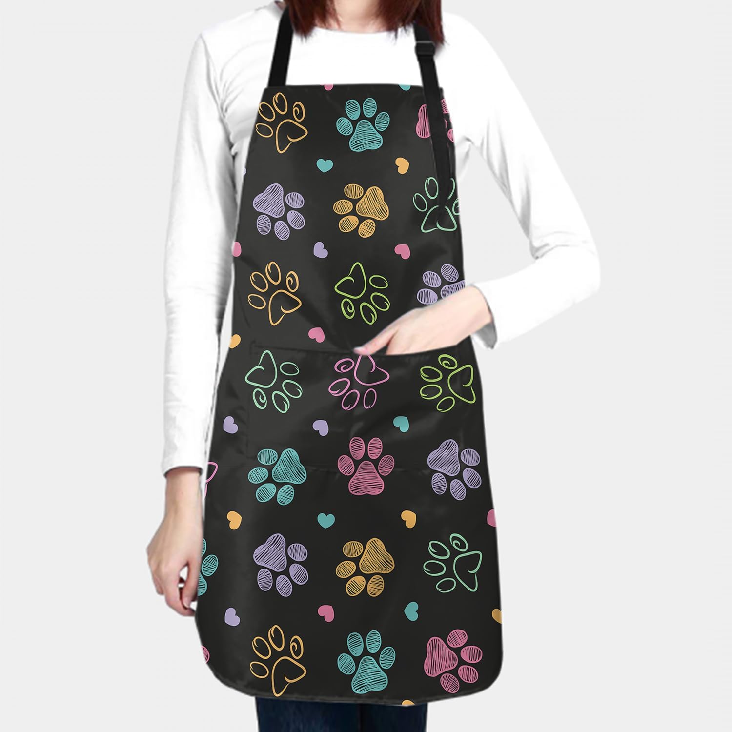 DZGlobal Delantal de pata de perro con bata de aseo con corazón de amor, con 2 bolsillos y correas ajustables para el cuello, delantales de cocina