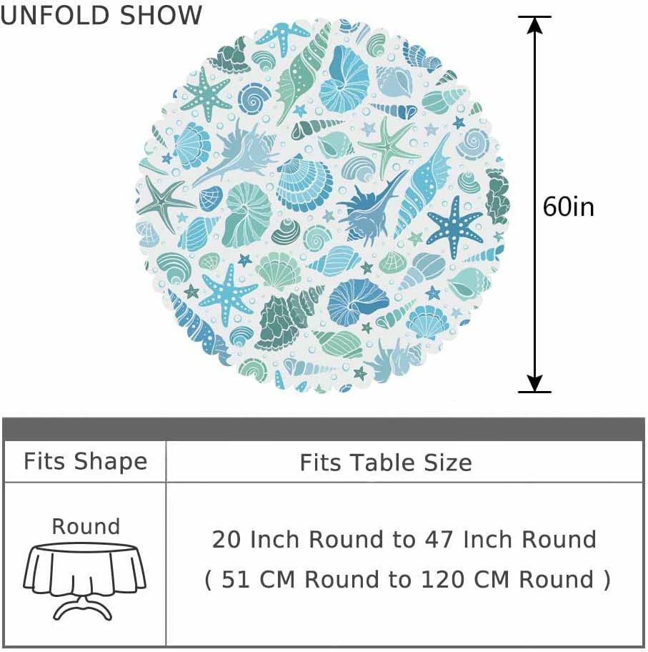AOYEGO Mantel redondo de verano con diseño de estrellas y conchas marinas, conchas y estrellas de mar y conchas azules, 60 pulgadas para comedor,
