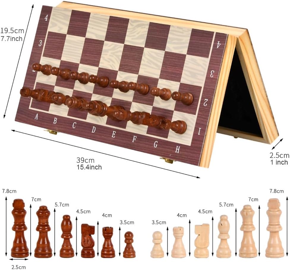 Juego de ajedrez magnético de madera de 15 pulgadas para adultos y niños con almacenamiento para piezas, tableros de ajedrez plegables hechos a mano