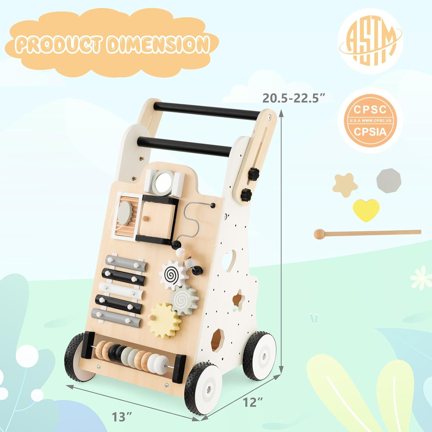 HONEY JOY Andador de empuje para bebés, centro de actividades de madera con asas ajustables, clasificador de formas, habilidades motoras y