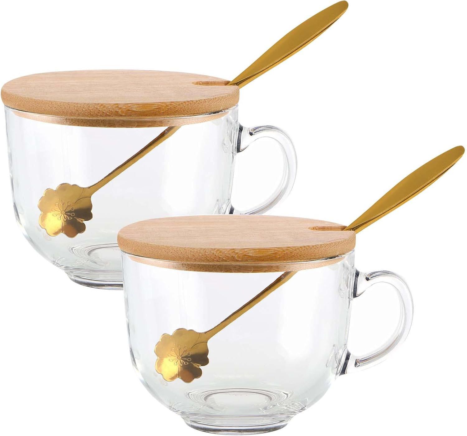 Tazas de café de 16 onzas con asa, tazas de vidrio con tapas de bambú y cucharas de flor de cerezo, vasos transparentes para té, cereales, yogur,