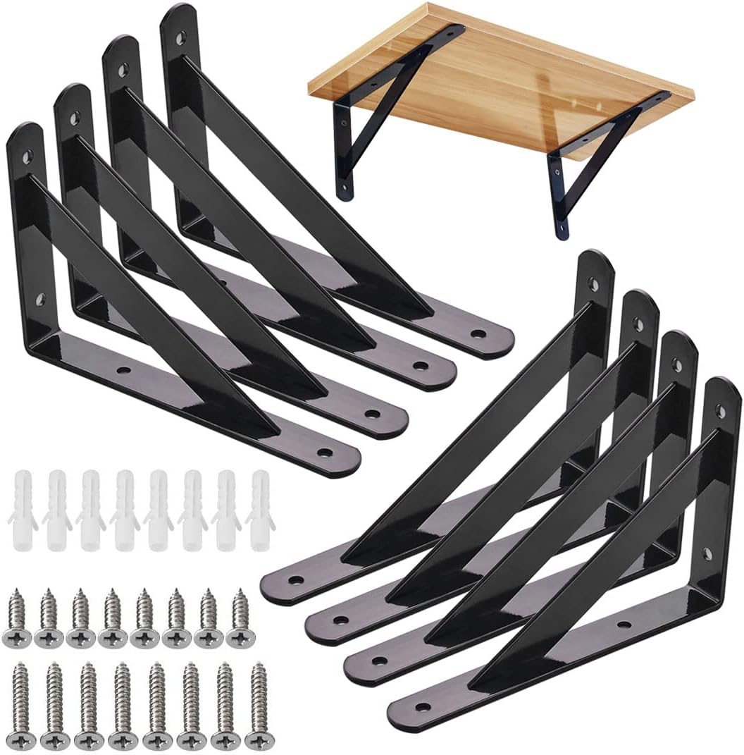 8 soportes de estante resistentes triangulares, soportes de estantería de ángulo recto montados en la pared, color negro, 6 pulgadas (8)