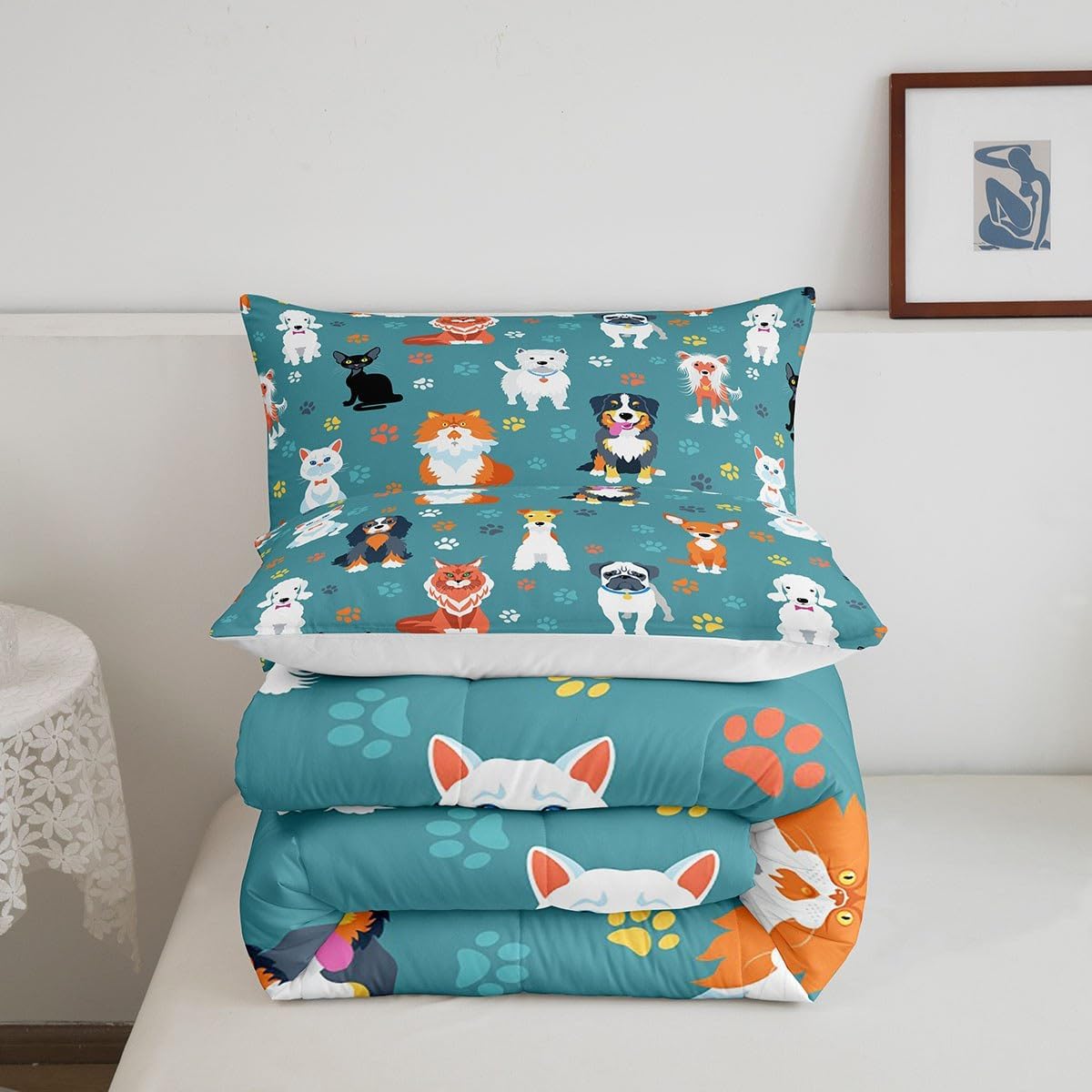 Juego de edredón lindo de perro y gato, tamaño matrimonial, juego de ropa de cama colorido con estampado de patas de cachorro, 3 piezas para niños y