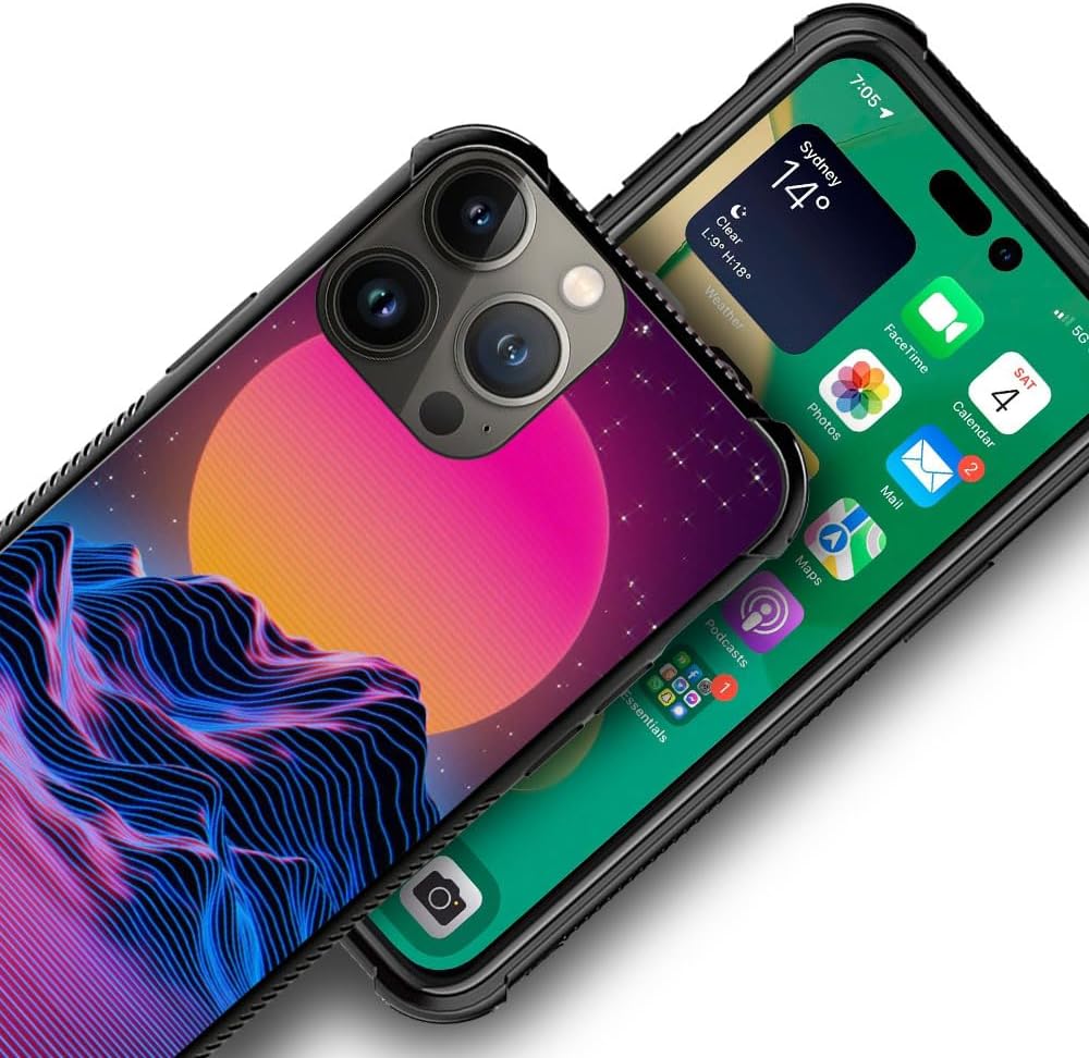 CARLOCA Funda compatible con iPhone 15 Pro, fundas Synthwave con patrón retro de paisaje morado para iPhone 15 Pro, ultra protección, a prueba de