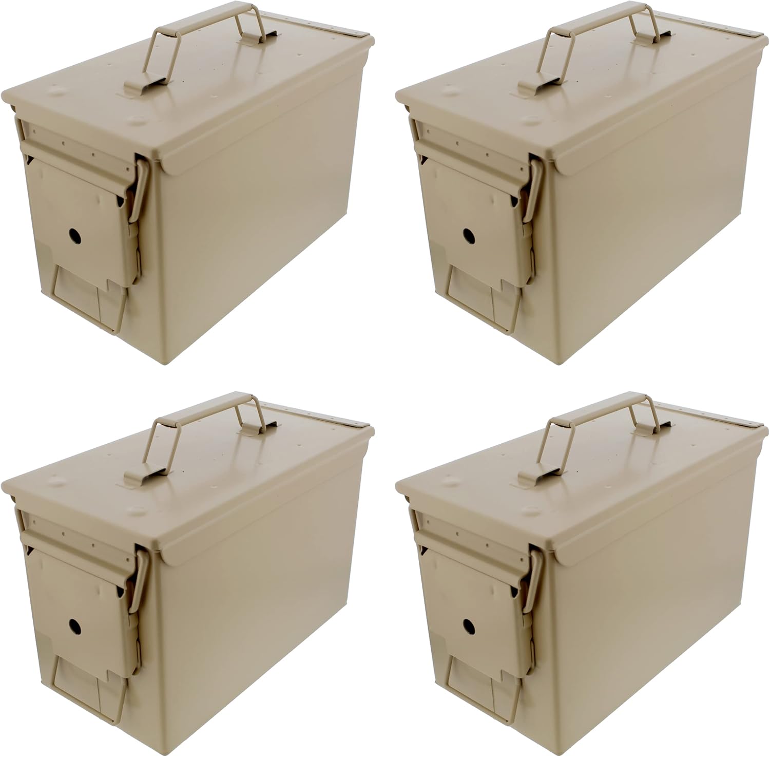 Juego de 4 cajas de munición de metal, 50 recipientes de almacenamiento de munición Cal Tan con tapas para almacenamiento militar o doméstico