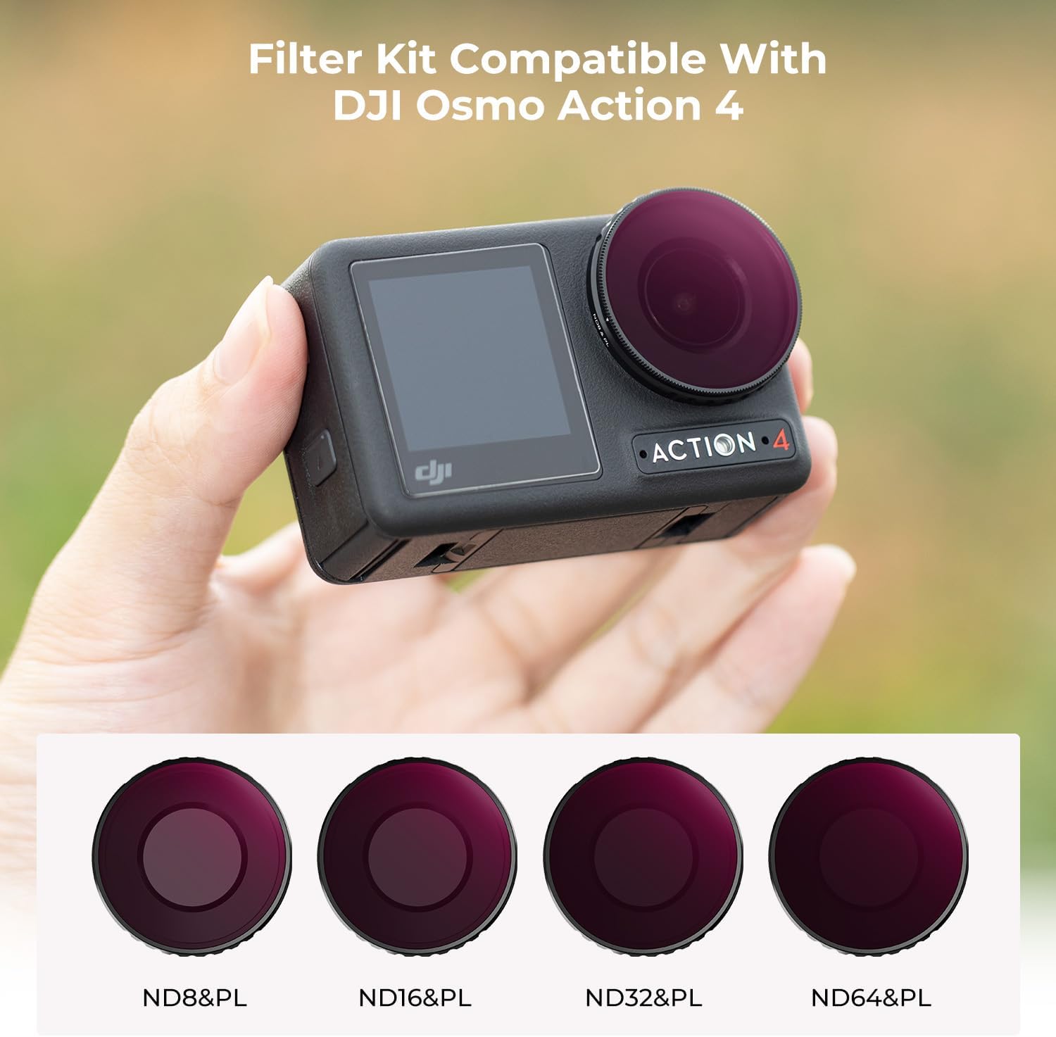 K&F Concept Paquete de 4 filtros NDPL compatibles con DJI Osmo Action 4, ND8PL ND16PL ND32PL ND64PL Filtros multifunción polarizadores de densidad