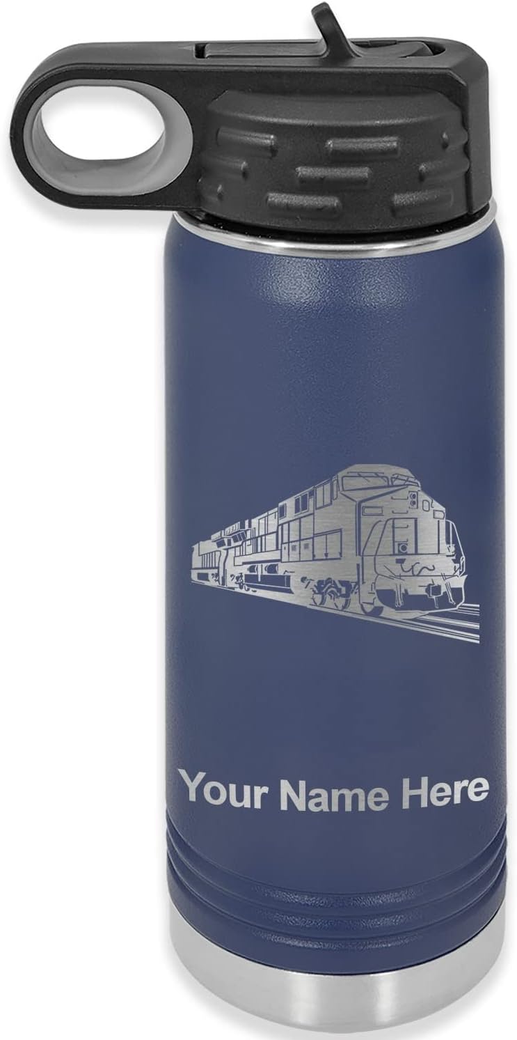 LaserGram Botella de agua de doble pared abatible de 20 onzas con popote, tren de carga, grabado personalizado incluido (azul marino)