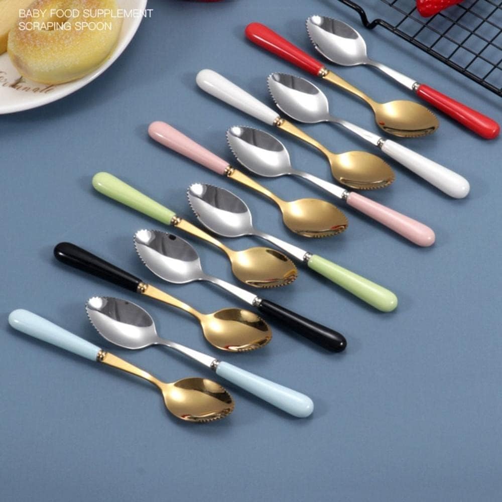 Cucharas de pomelo, cuchara dentada de acero inoxidable con mango de cerámica multicolor para cocina (plata, blanco)