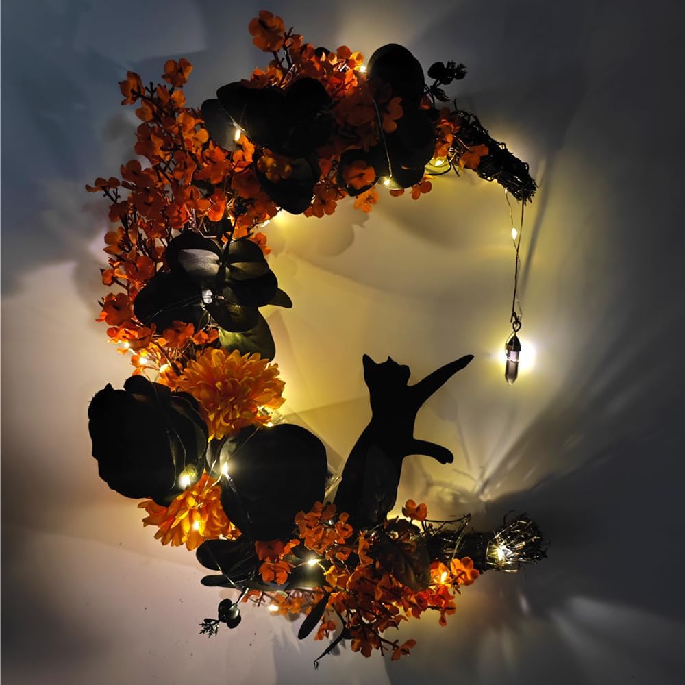 Corona de puerta de Halloween con luz, corona de gato de luna creciente con rosa, coronas de Halloween negras para decoración de pared de ventana de