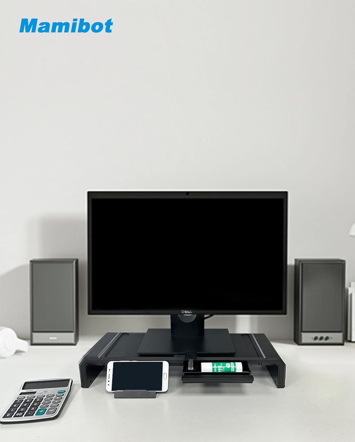 Mamibot Paquete de 2 soportes elevadores para computadora, soporte para laptop con cajón de almacenamiento, desmontable y apilable 2 en 1, soporte