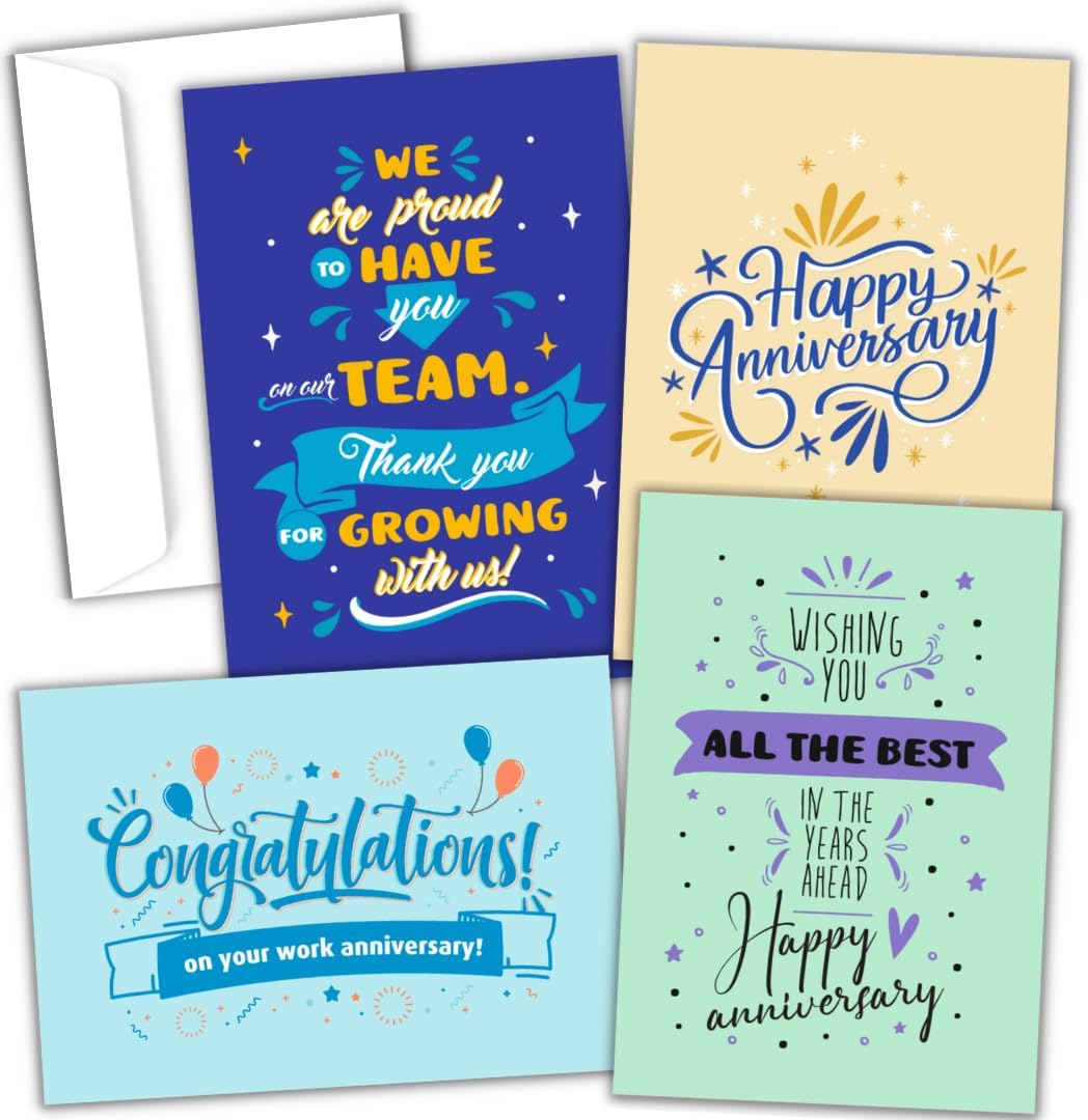 24 tarjetas de aniversario de trabajo feliz a granel con sobres, 24 tarjetas de aniversario de trabajo alegre para empleados en una caja de