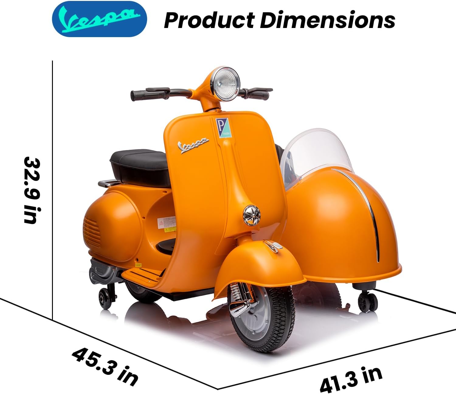 Motocicleta eléctrica Vespa con sidecar con licencia – Auto eléctrico de 12 V para niños y niñas – 2 plazas con compartimento de almacenamiento,