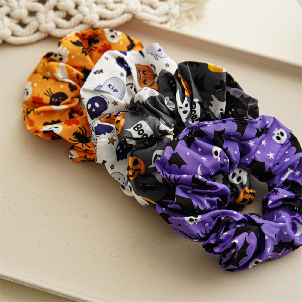 Coleteros de satén para el cabello de Halloween, accesorios para el cabello de calabaza, bandas elásticas de murciélago araña, bandas para el