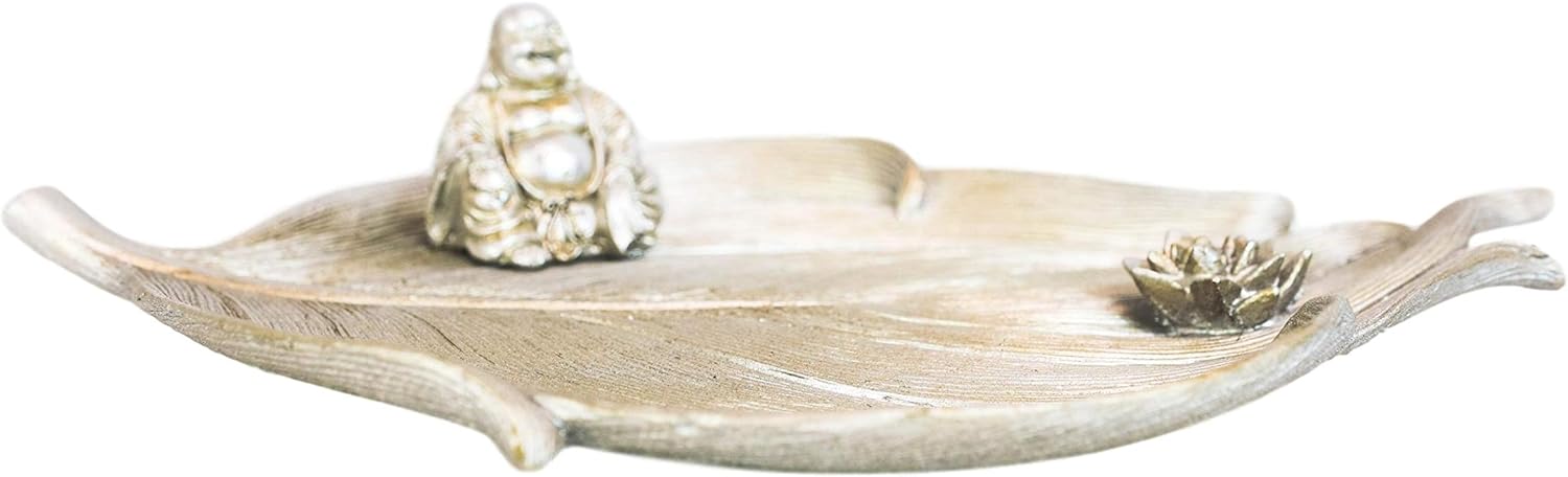 Ebros Gift Buddhism Hotei Laughing Buddha sentado en Bodhi hoja de árbol con flor de loto incienso soporte quemador figura Zen Feng Shui hogar