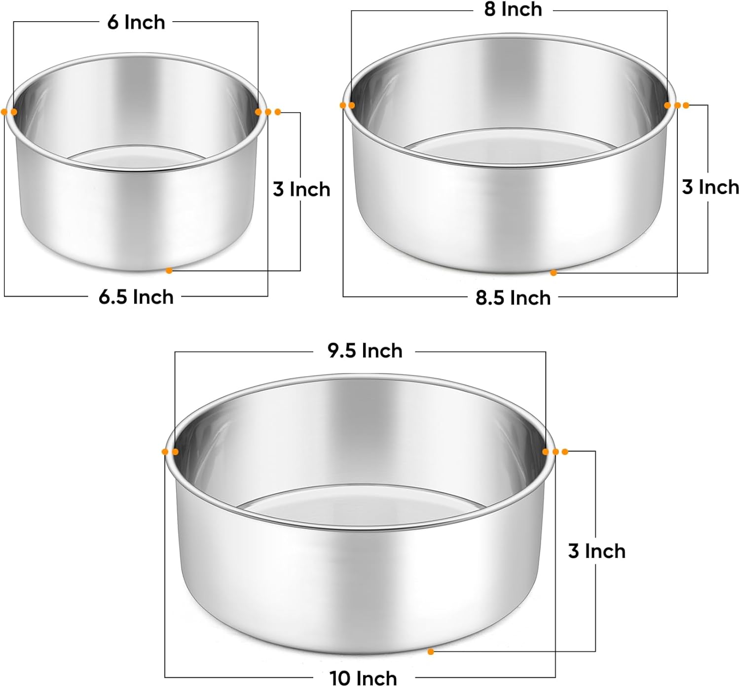 P&P CHEF Juego de moldes para pasteles de 3 a 6 pulgadas + 8 pulgadas + 9.5 pulgadas, moldes redondos de acero inoxidable para hornear, para