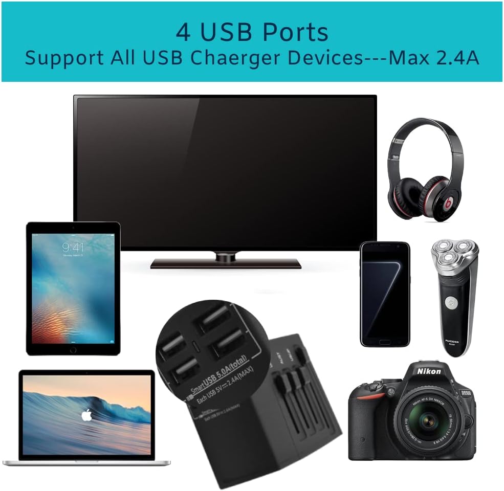 Adaptador de corriente de viaje universal en todo el mundo, adaptador internacional de 2000 W con 4 puertos USB, Reino UnidoUEAUEE. UU. (más de 200