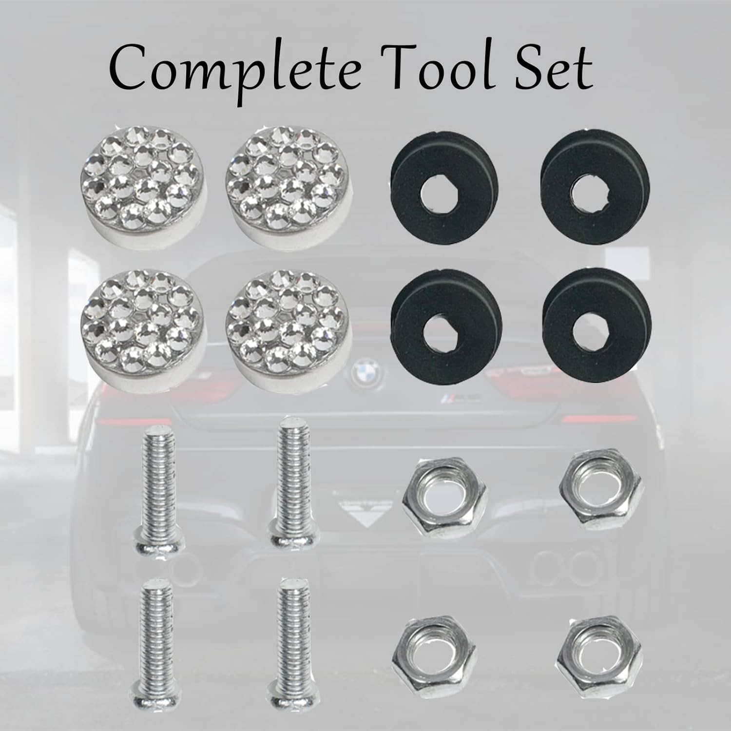 Juego de 4 tornillos antirrobo para marco de matrícula con diseño especial de diamantes de imitación, tapa de rosca, kit de tornillos para