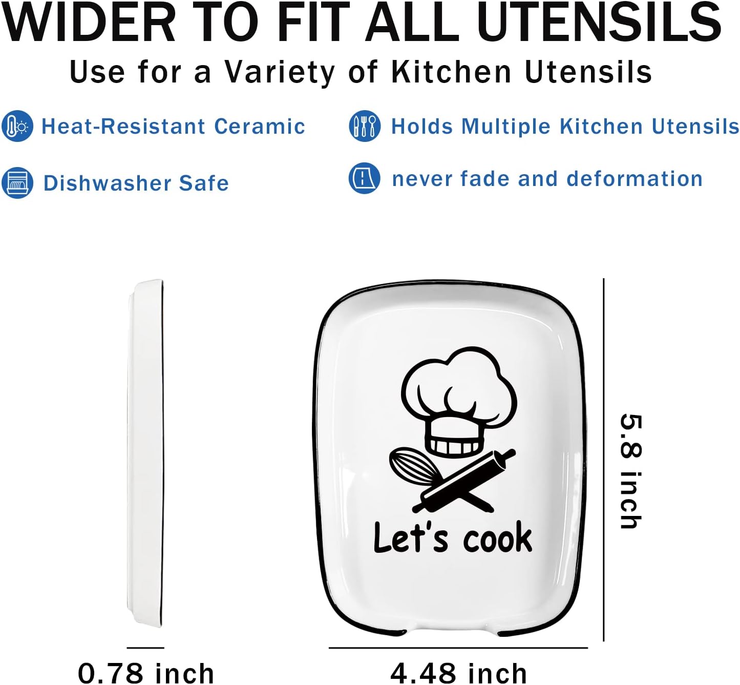 Soporte de cuchara de tenedor con diseño de cerámica con mensaje Let’s Cook, soporte de cuchara funcional para utensilios de cocina adecuado para