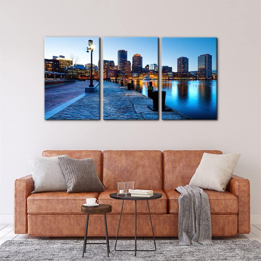 Pacimo 3 piezas de arte de pared en lienzo de paisaje urbano  Puerto de Boston y distrito financiero en Boston Massachusetts en imágenes al