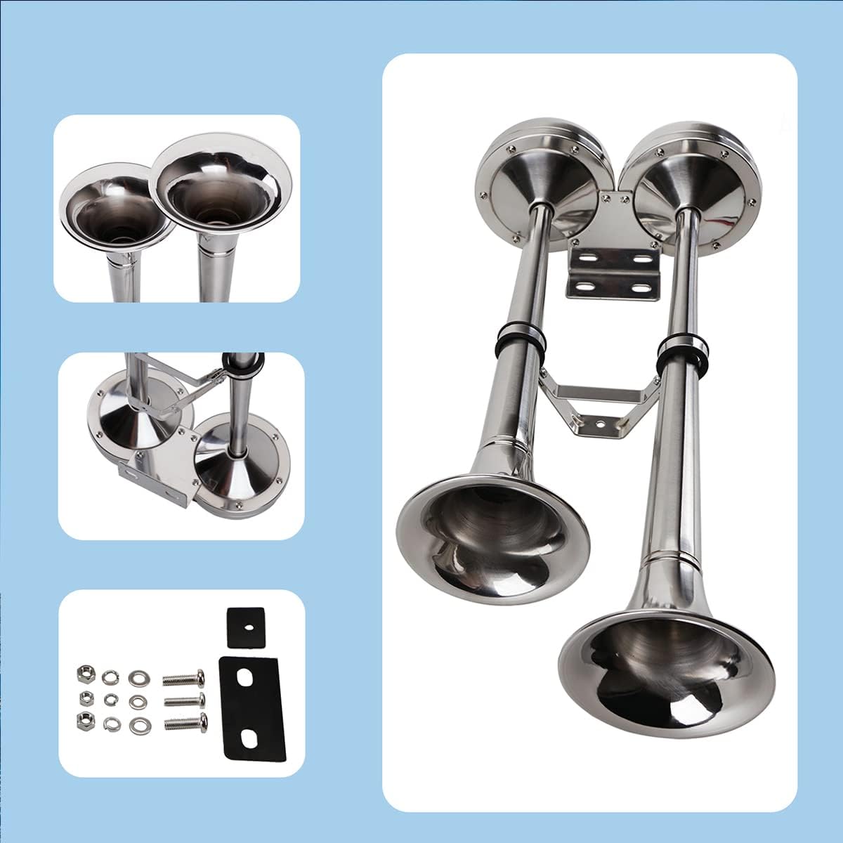 Bocinas de barco de 12 V, cuerno de trompeta de barco marino de acero inoxidable pulido, tono bajo y alto BANHAO con soporte ajustable, bocina de