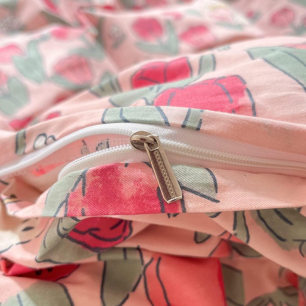 LIWHENHAO Juego de funda de edredón de conejo, tamaño individual, 100% algodón, diseño de dibujos animados, conejito blanco, flor roja sobre rosa, 1