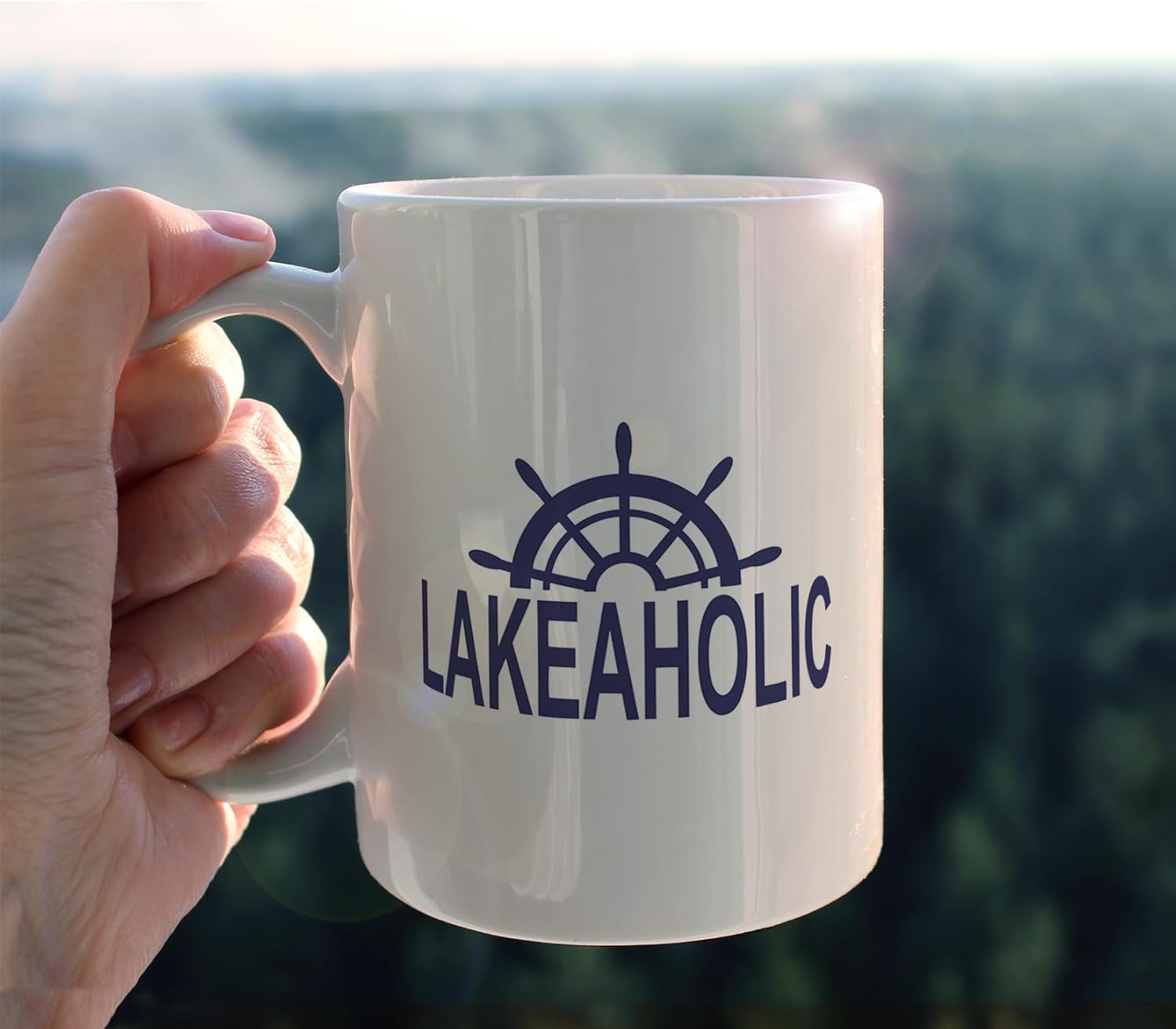 Taza de cerámica para volante de barco, 11 onzas, taza de café con leche, con asa, decoración de casa del lago, regalos para amantes del lago,