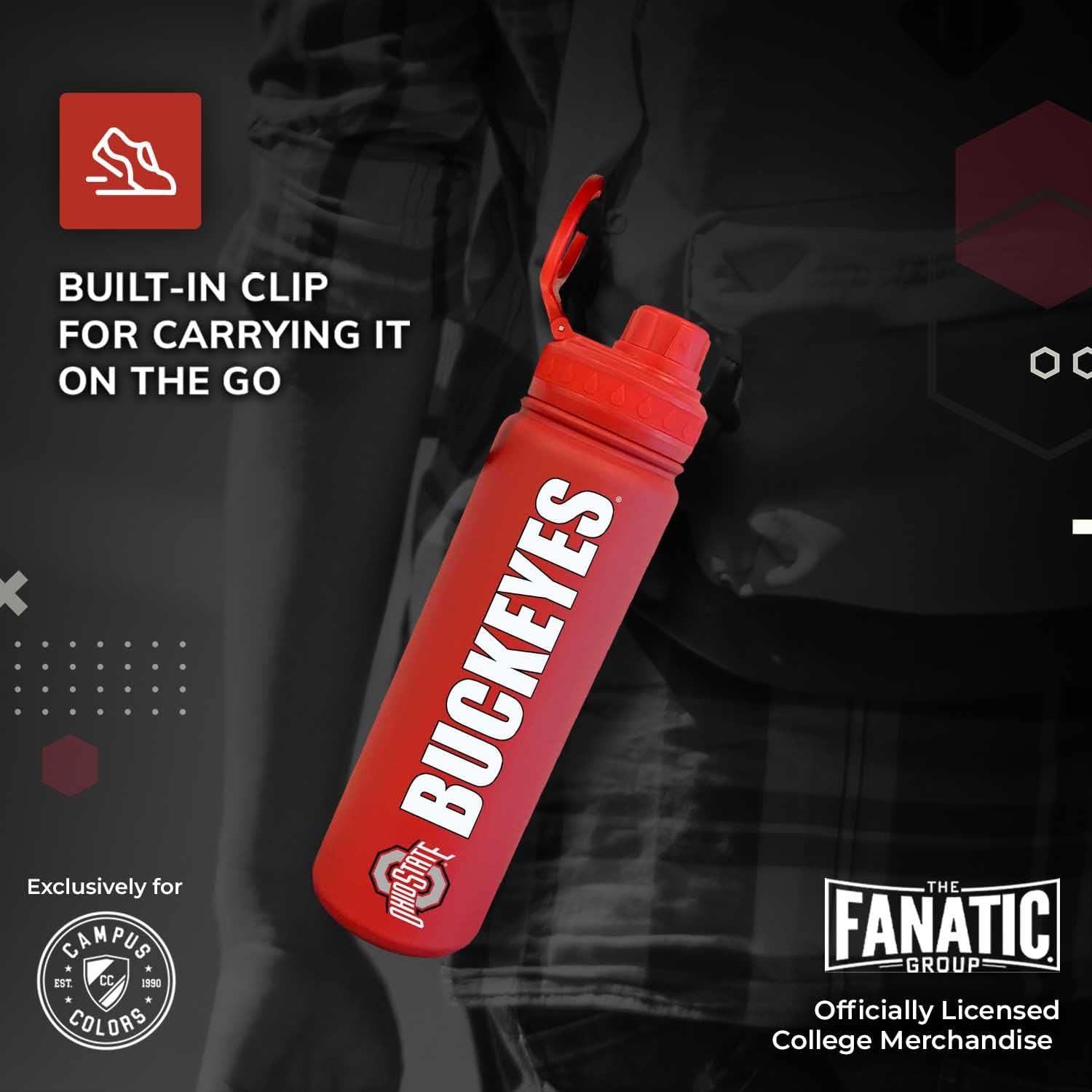 Campus Colors Botella de agua de acero inoxidable de la NCAA, tapa giratoria, 24 onzas, clip de transporte, mantiene tus bebidas calientes o frías