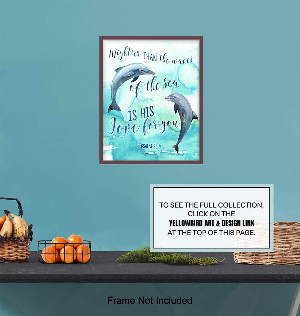 Mightier Than the Waves Dolphins Wall Decor – Religious Bible Verse Wall Art – Christian Scripture Decoration for Bedroom, Bathroom, Living Room,