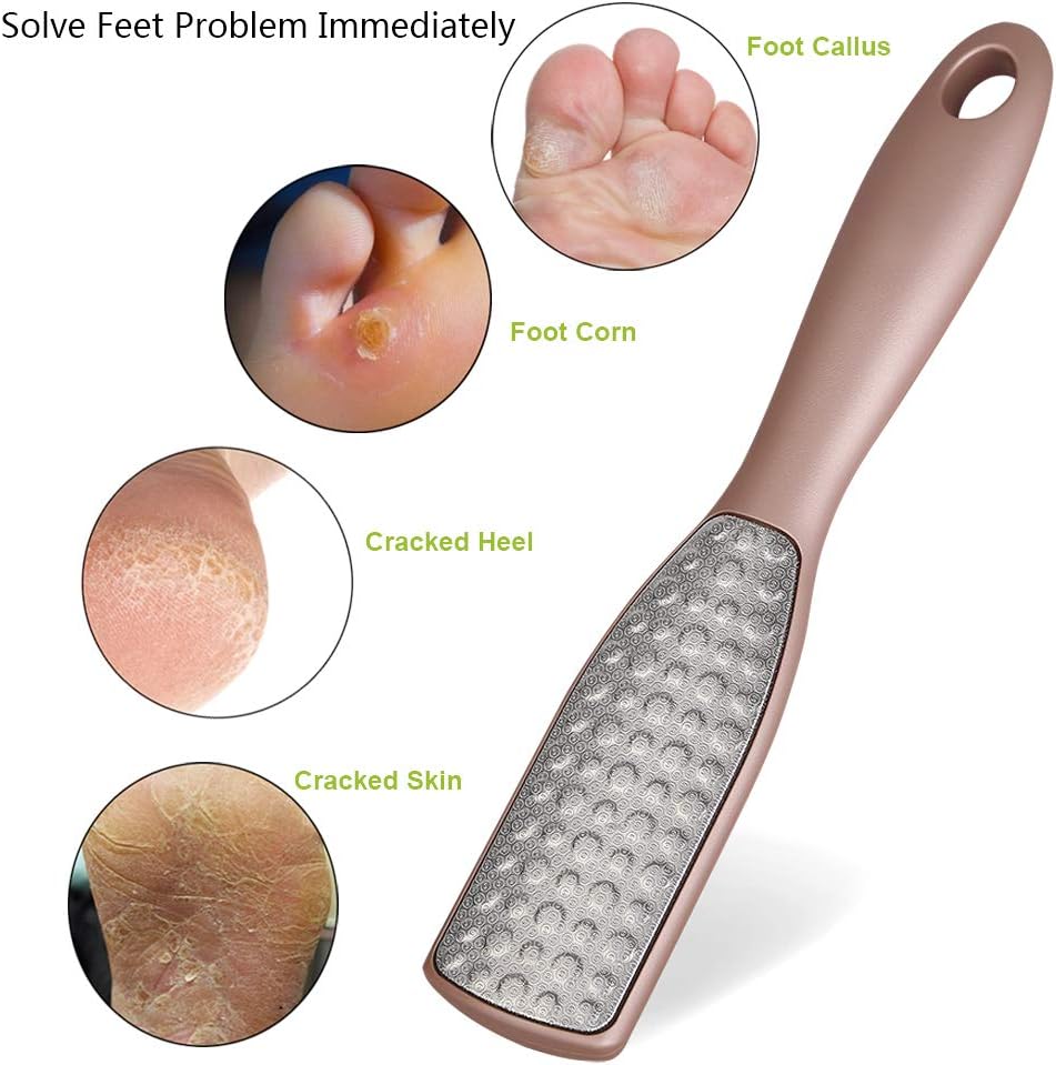 BEZOX Lima de pie, raspador de pies de doble cara, removedor de callos de pedicura de acero inoxidable con bolsa de almacenamiento de tela y caja de