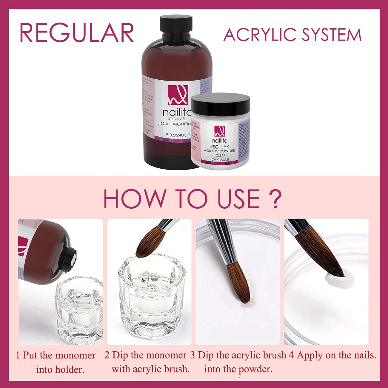 Nailite Regular – Polvo acrílico profesional para extensión de uñas, sistema de ajuste lento, fórmula EMA y efecto no amarillento, transparente (8