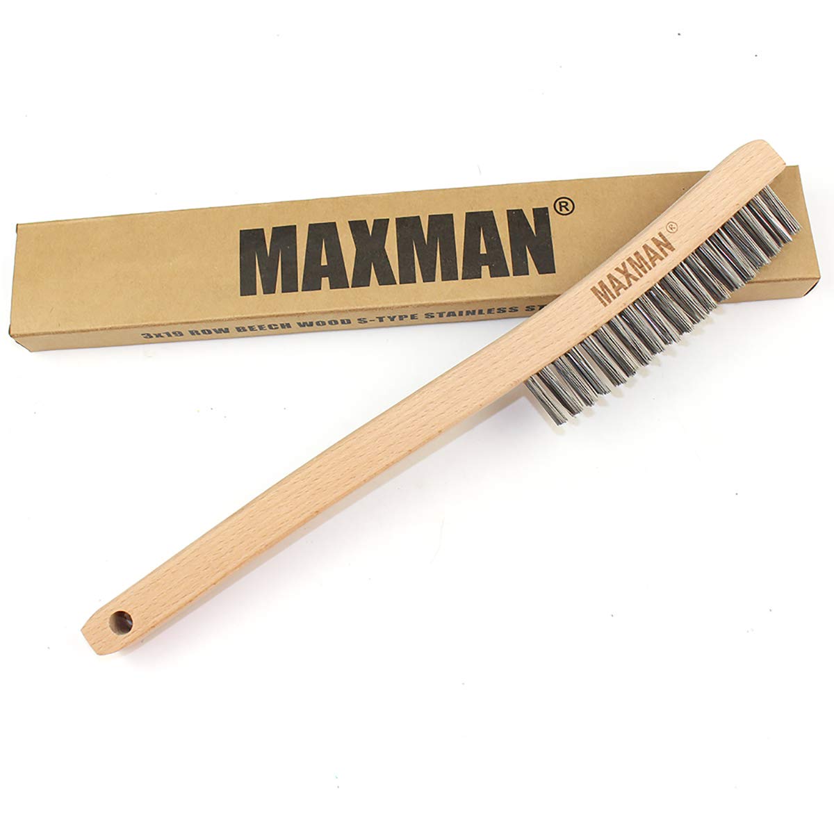 Cepillo de alambre, cepillo de alambre de acero inoxidable para limpiar el óxido con mango de madera de haya curvado de 14 pulgadas de largo, grande