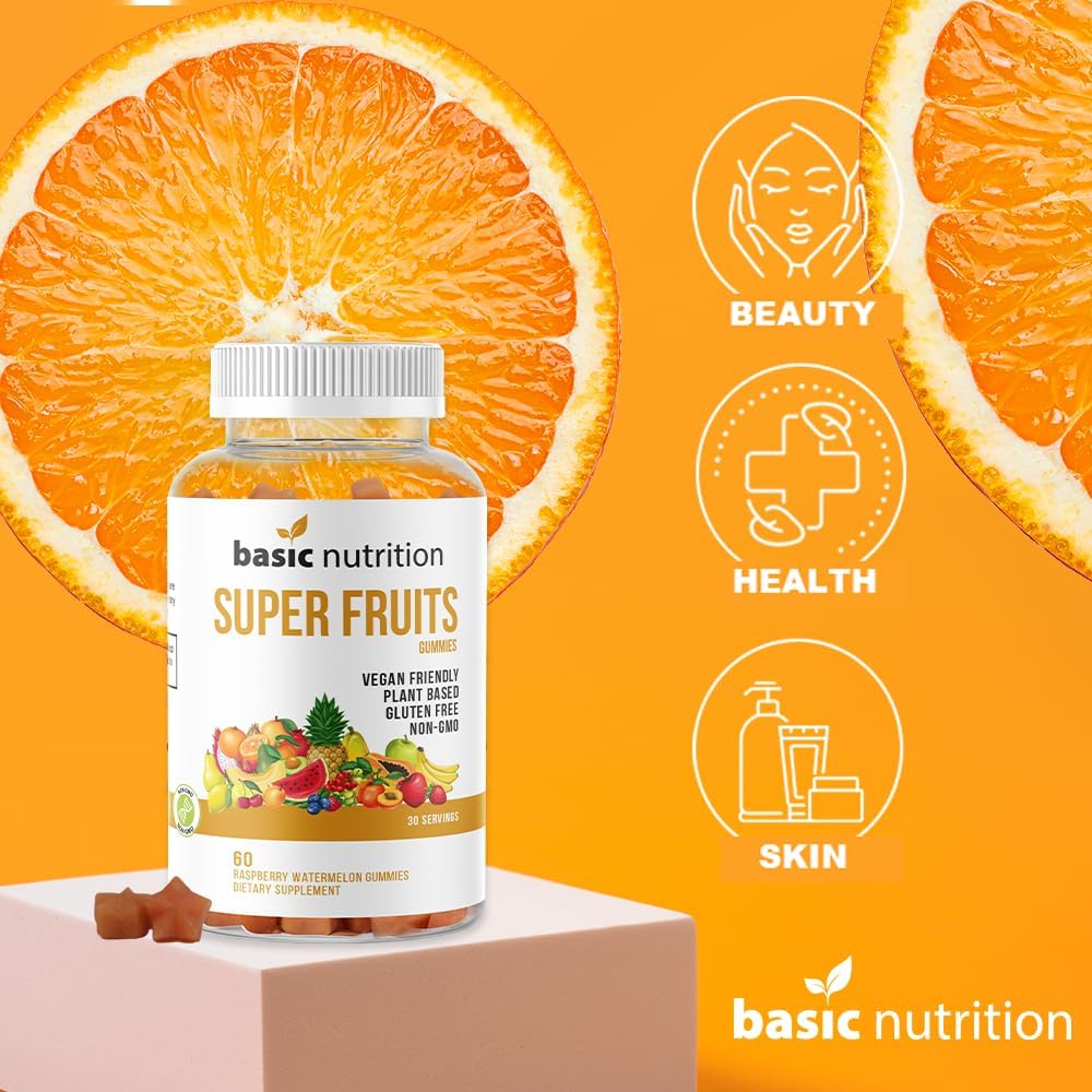 Basic Nutrition SuperFruits + SuperGreens – Paquete de gomitas  Vitaminas y minerales que promueven el colágeno para la belleza, la energía y la