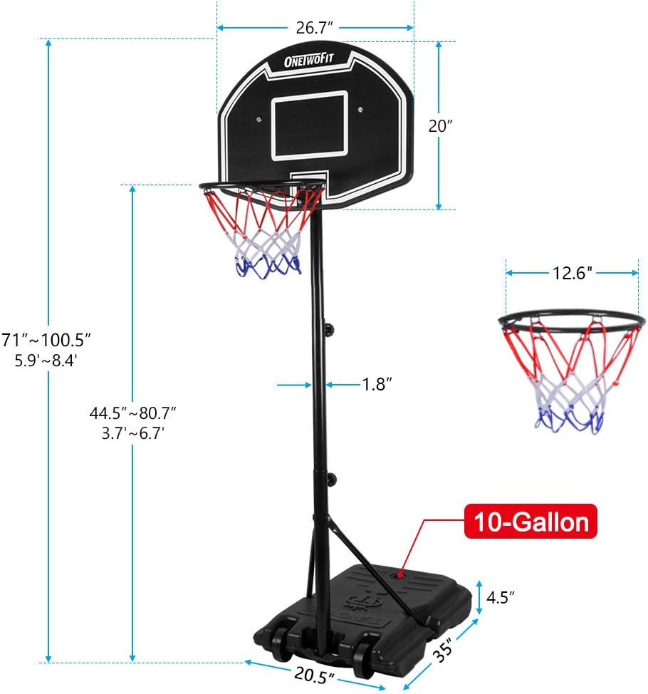 ONETWOFIT Aro de baloncesto portátil, portería de baloncesto al aire libre de altura ajustable para niños con tablero de impacto 2 ruedas base