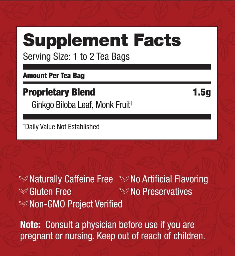 Bravo Tea Absolute Ginkgo Biloba – Té de hierbas sin cafeína, 20 bolsas de té