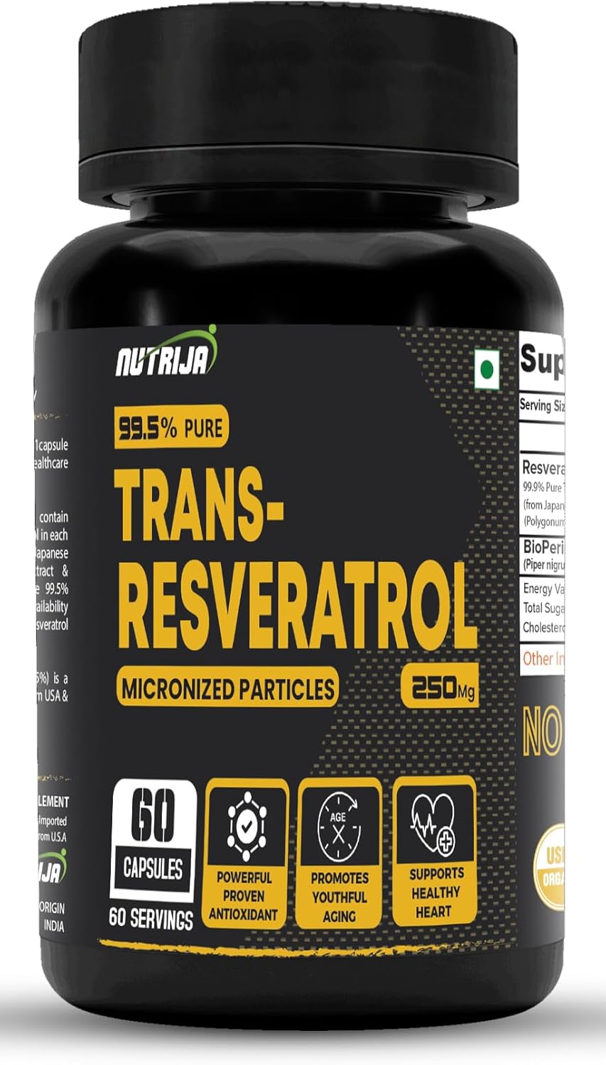 NutriJa Cápsulas de resveratrol Trans de 250 mg  99.5% puro micronizado y altamente suplemento que ayuda a ralentizar el envejecimiento, potente