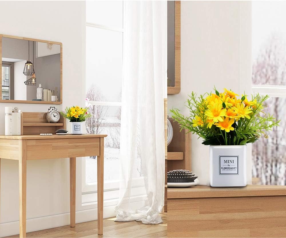 Arreglos de flores artificiales margarita, ramo de plantas florales falsas mini jarrón de crisantemo en maceta para interior, hogar, boda,
