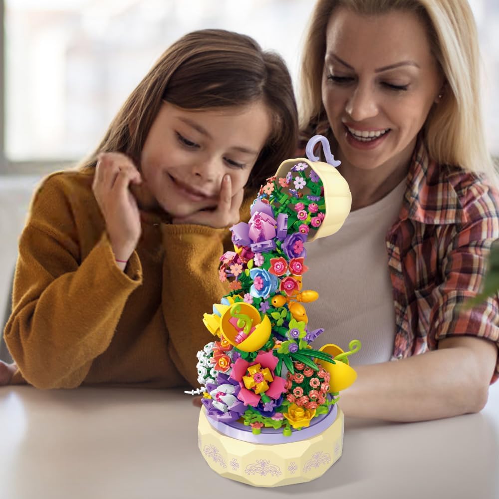 Mesiondy Juego de flores de construcción, caja giratoria de música de flores, con luz, con mariposas, regalo de cumpleaños, kits de construcción de