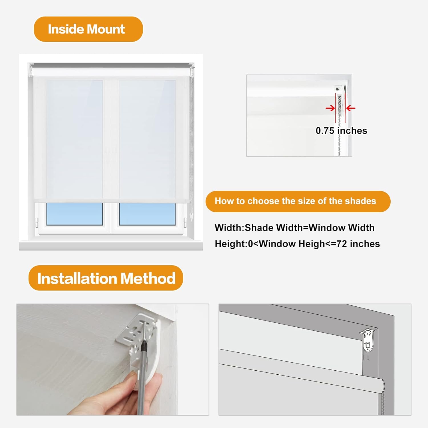 Persilux Persianas solares enrollables con filtro de luz para ventana, 47 pulgadas de ancho x 72 pulgadas de alto, color blanco hueso, persianas con