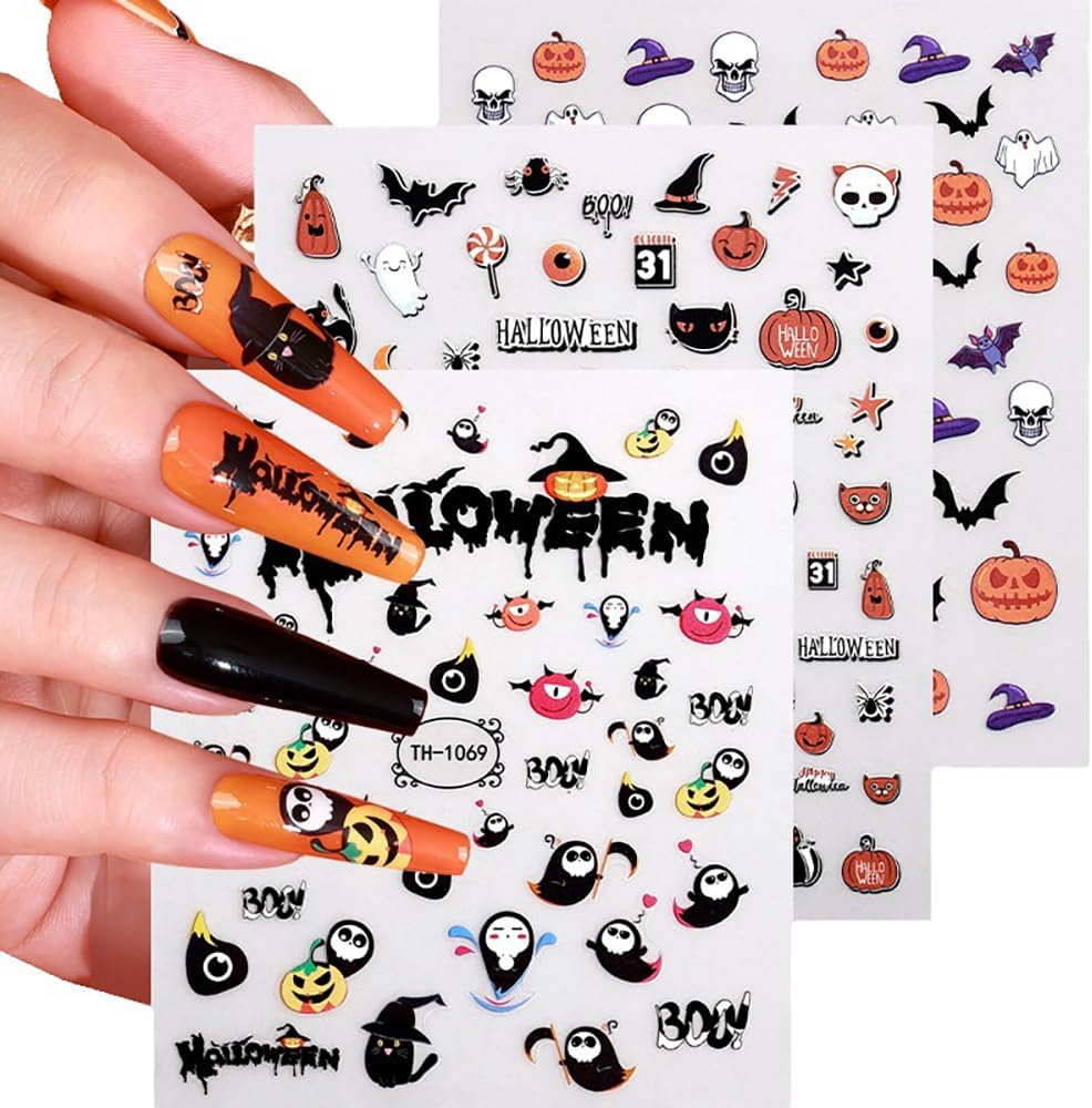Calcomanías para uñas de Halloween, 6 hojas de calcomanías de uñas de fantasma, 3D, autoadhesivas, calabaza, murciélago, fantasma, cráneo, araña,