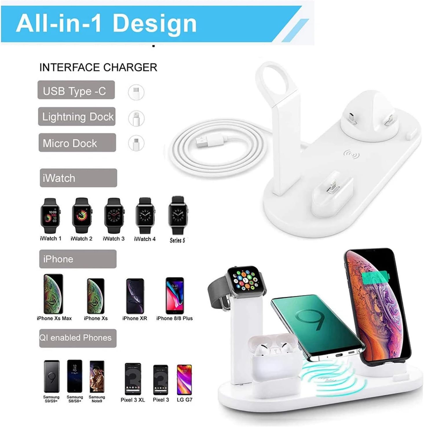 Cargador inalámbrico 4 en 1 Cargadores multifunción 15w Fast 6 en 1 Base de carga para AirPods Watch Phone iPhone 14131211propro maxXXmax (negro)