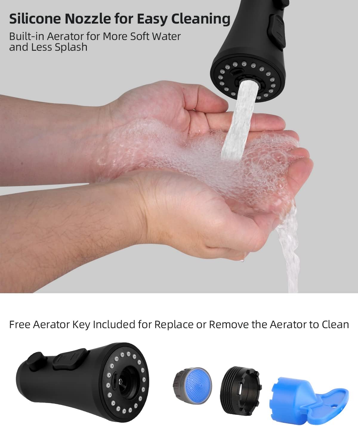 Hibbent Reemplazo de cabezal de grifo de cocina extraíble, boquilla rociadora de fregadero de cocina de 3 funciones con 10 adaptadores, compatible