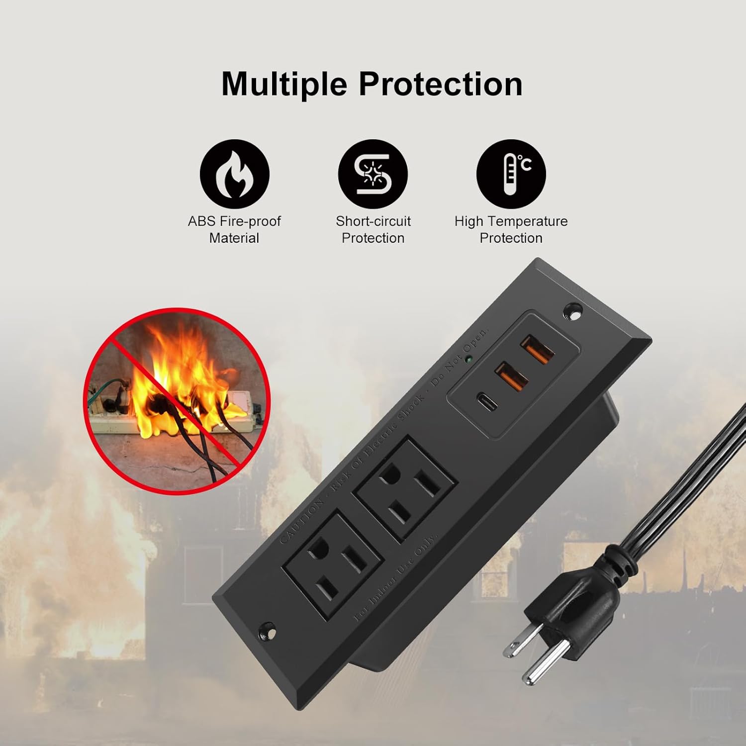 Regleta de alimentación empotrable de 20 W USB C de carga rápida para escritorio, toma de corriente tipo C, enchufe de alimentación de extensión